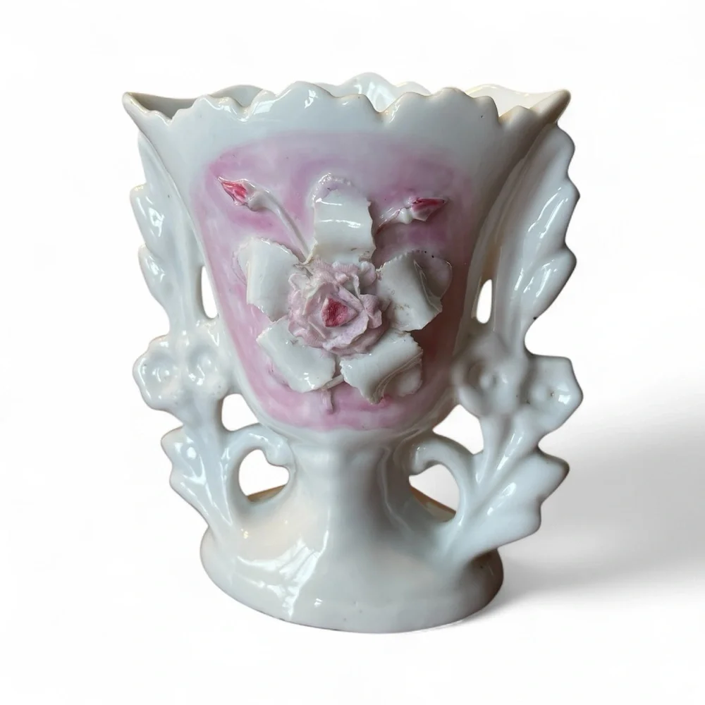 Pair Vieux Paris Vases Old Paris Porcelain 3D Rose Pink White Mantel Decor Vtg